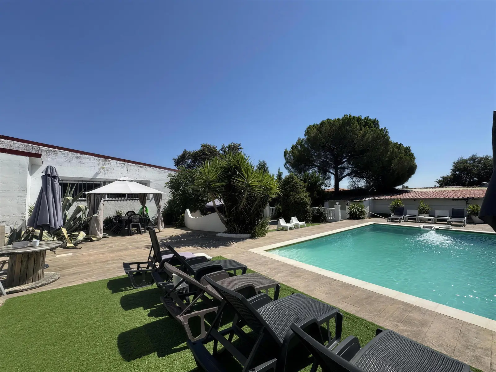 La piscina con tumbonas, césped y pérgola
